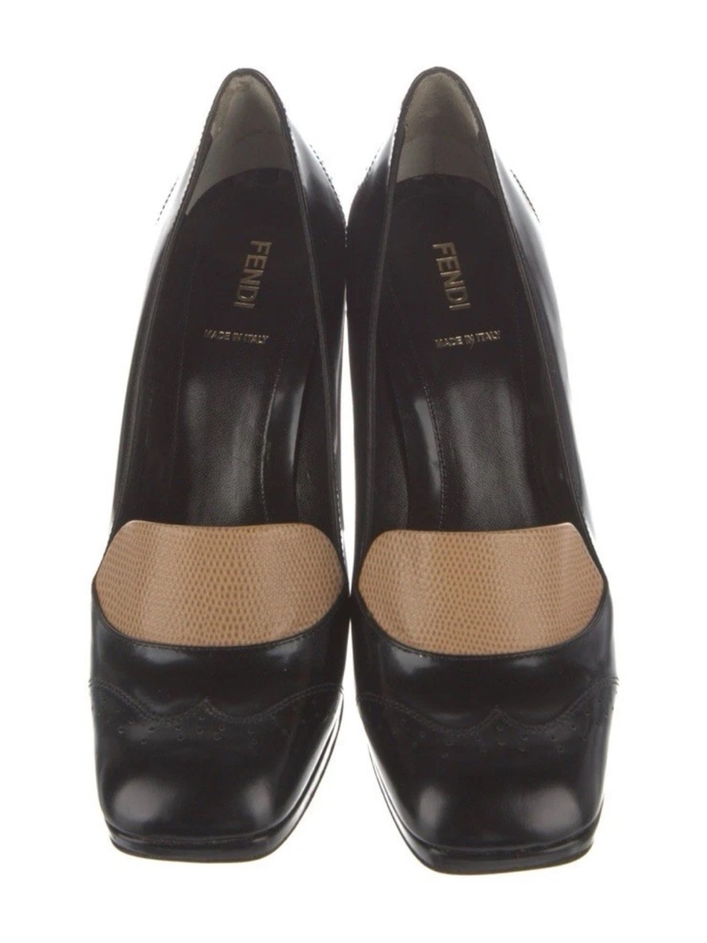 Trendy Square toes Fendi Black Leather Pumps Lizard Trim Made In Italy Size US10